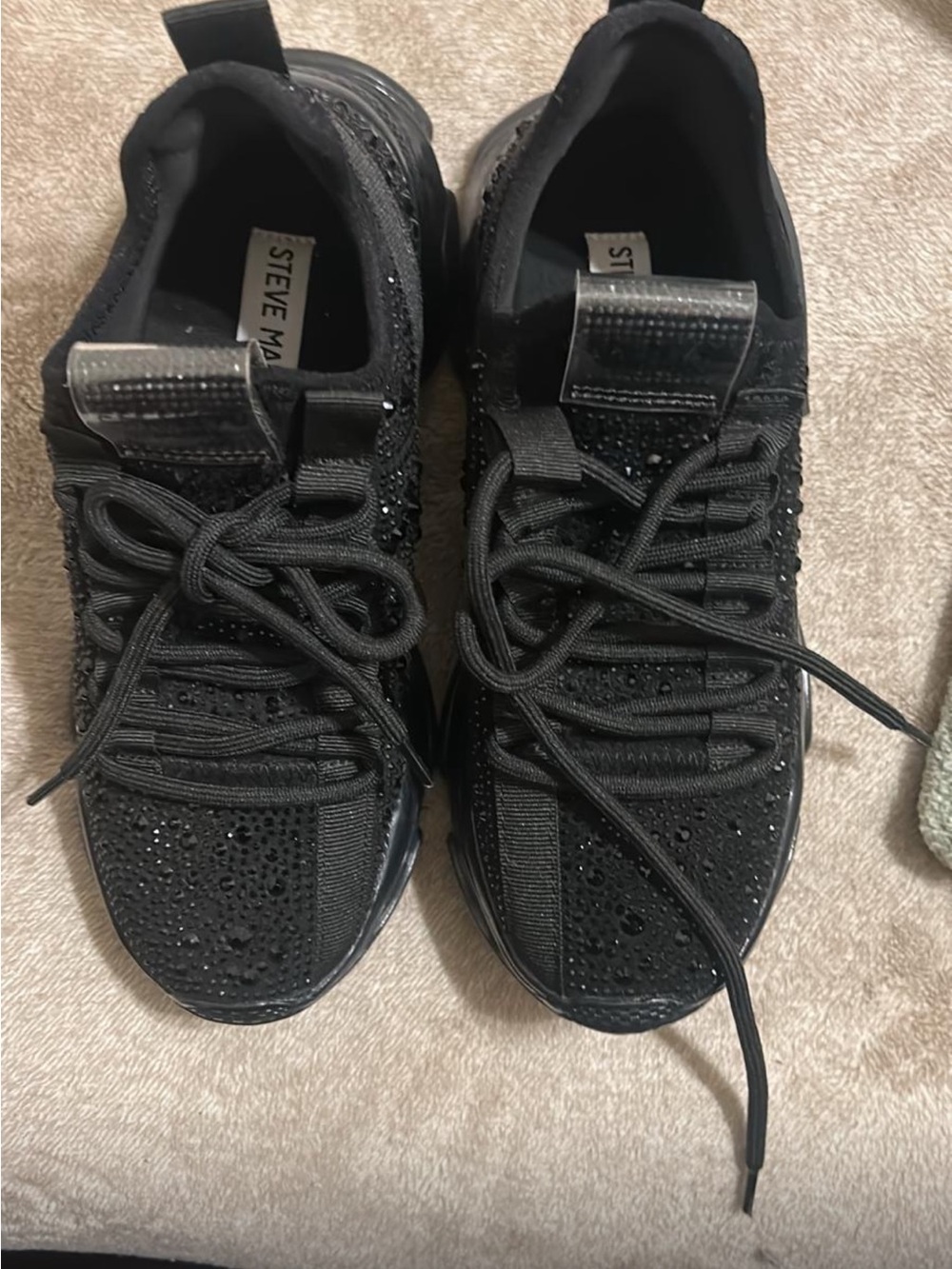 Steve Madden Black Rhinestone Knit Lace-Up Sneakers